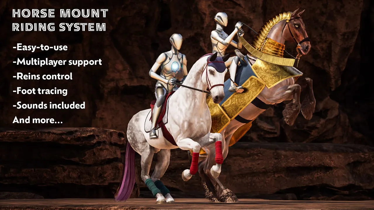 The Complete Horse Riding System — a rider mounted on a horse in Unreal Engine, demonstrating the rideable mount