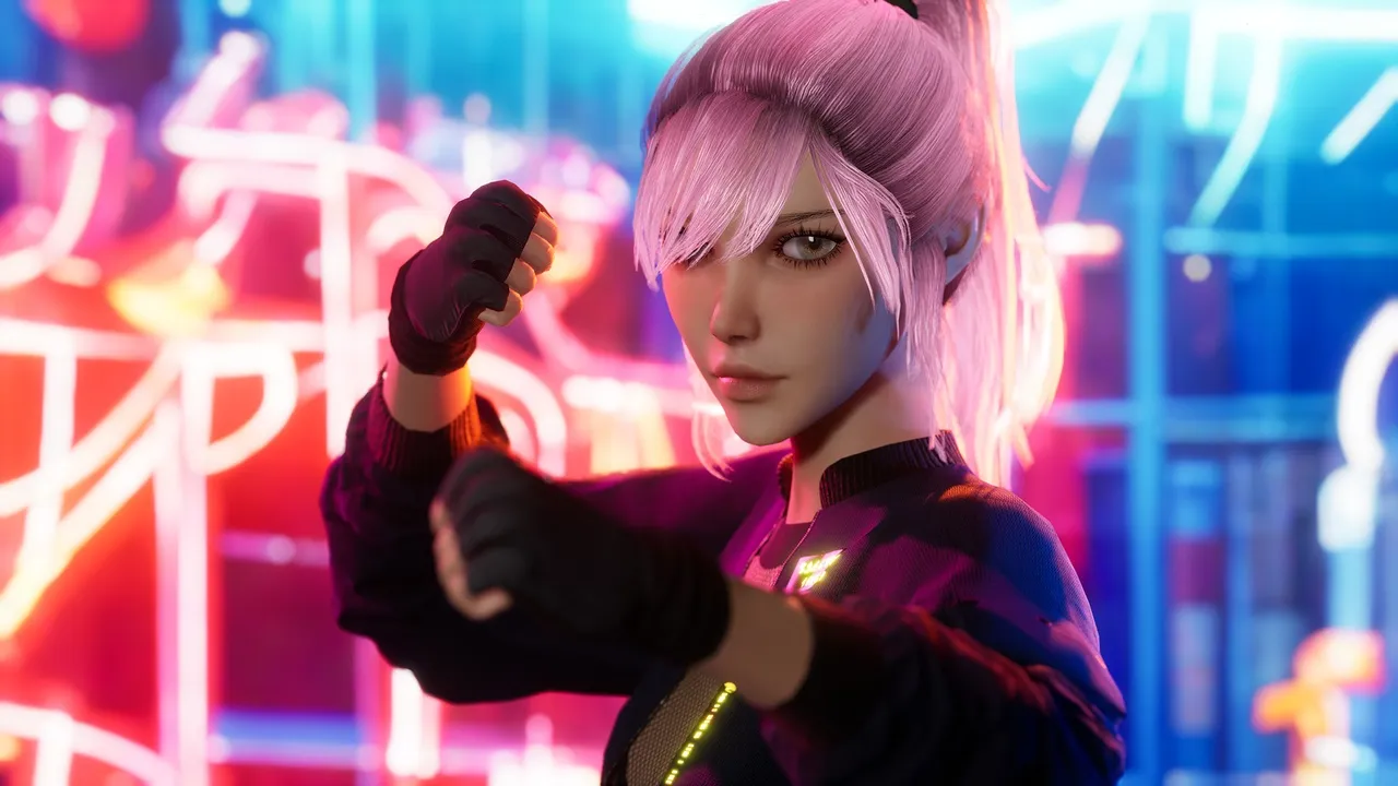 Cyberpunk Fighter Girl — a pink-haired cyberpunk street-fighter character in a fighting stance against a neon-lit backdrop