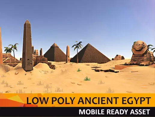 Low Poly Egypt Desert Fantasy Environment — a stylized ancient-Egypt scene with pyramids, a sphinx and obelisks