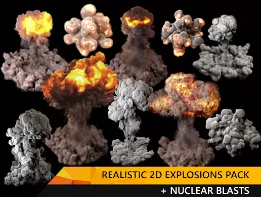Realistic 2D Explosions pack — a PhoenixFD-simulated explosion sprite frame from the sheet