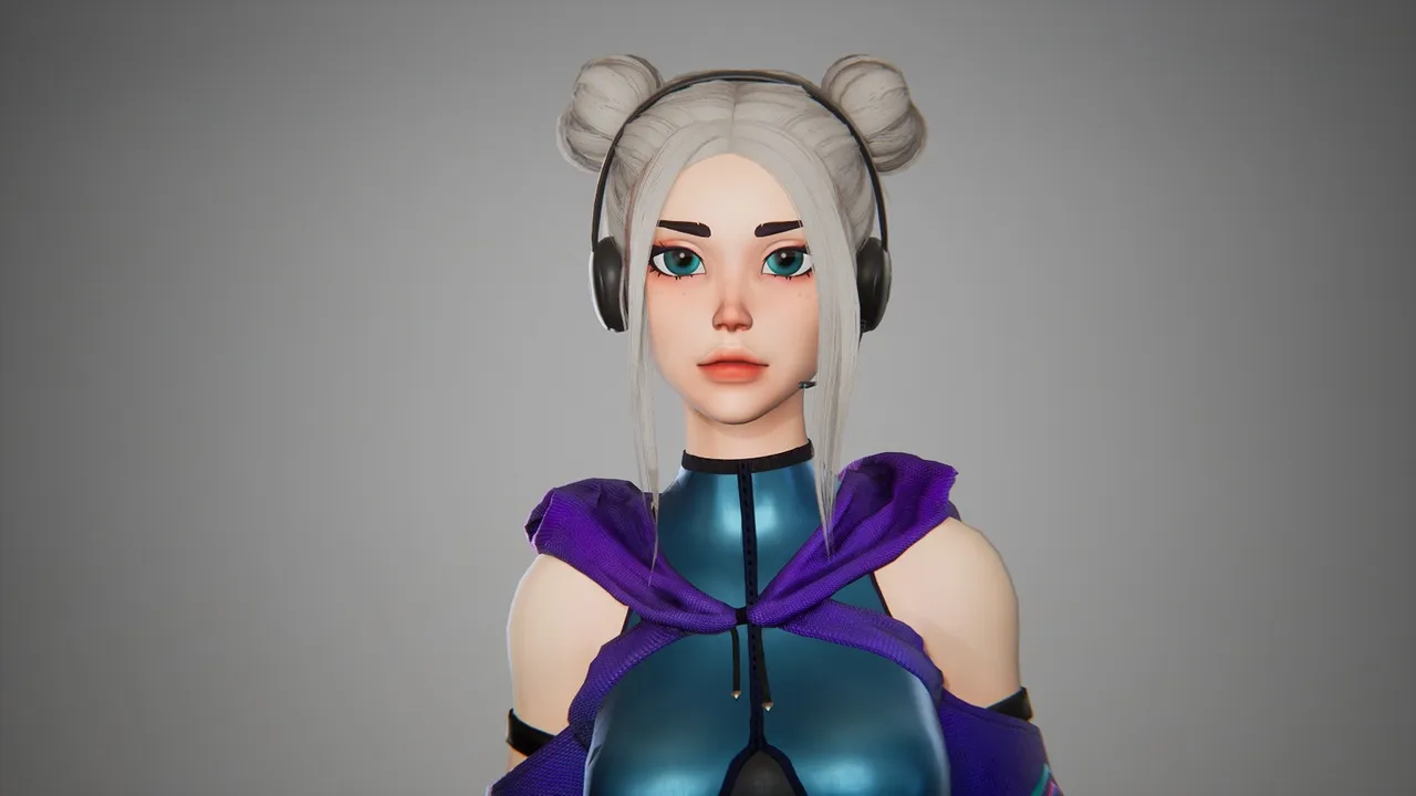 Streamer Girl — a stylized toon streamer/VTuber character with silver hair buns, a headset and a teal modular outfit