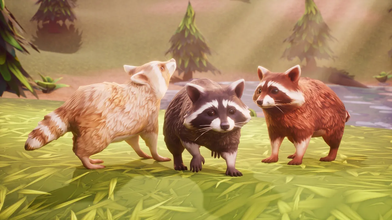 Three raccoon colour variants — blond, natural, and rusted red — standing together on stylized grass in a forest clearing
