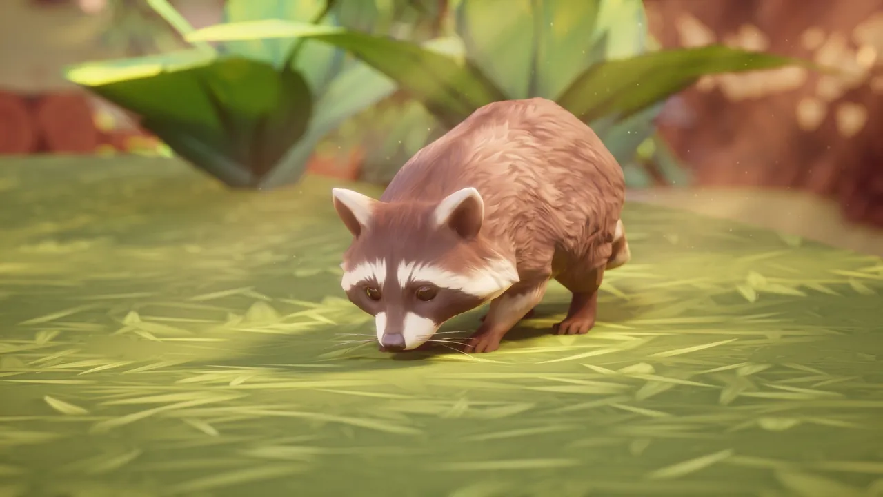 Natural raccoon crouched low with its nose in the grass, facing the camera, stylized plants behind it
