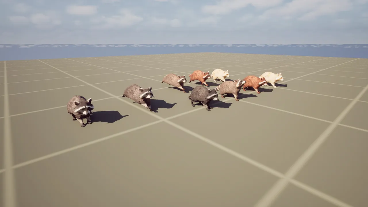 Unreal Engine test level: nine raccoons in assorted fur colours running across a grey grid plane toward the camera
