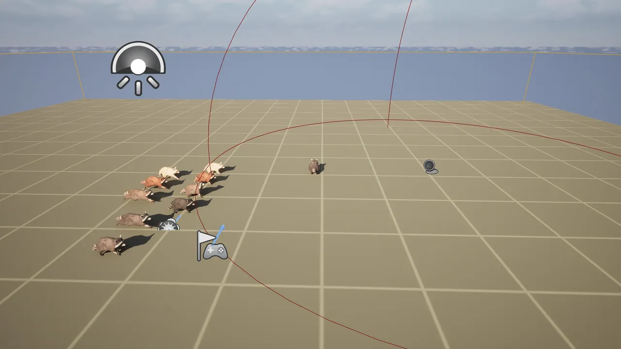 UE debug view of the CritterAI system — a cluster of raccoons with Blueprint director and gamepad icons and a red navmesh radius circle