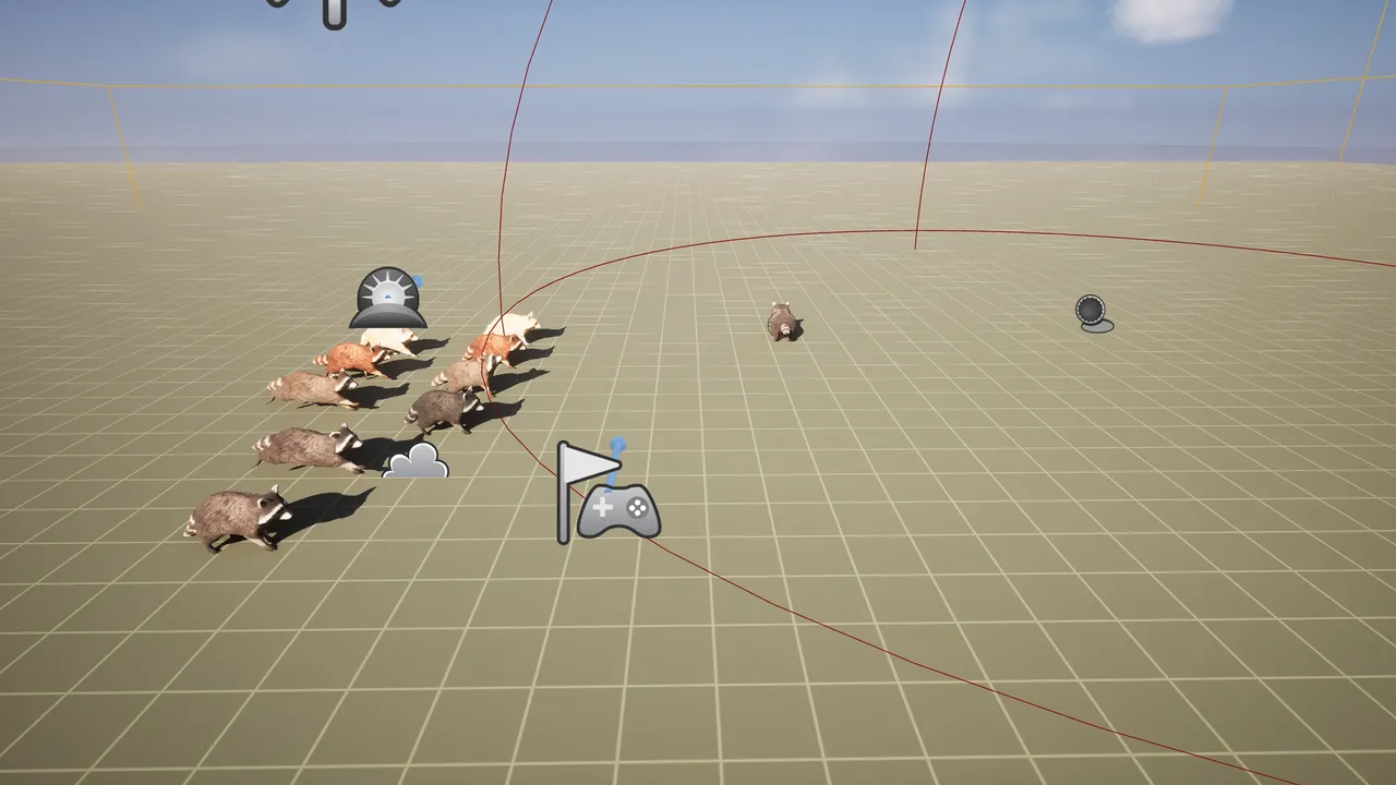 Closer UE debug view of raccoons grouped beside speedometer, cloud, and gamepad Blueprint icons inside a red AI radius circle