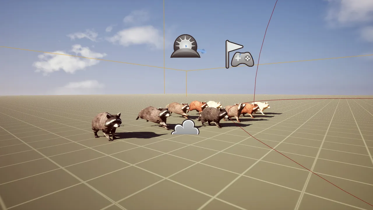 Unreal Engine grid level under a blue sky: a line of eight raccoons in all five fur colours running left past the director Blueprint icons