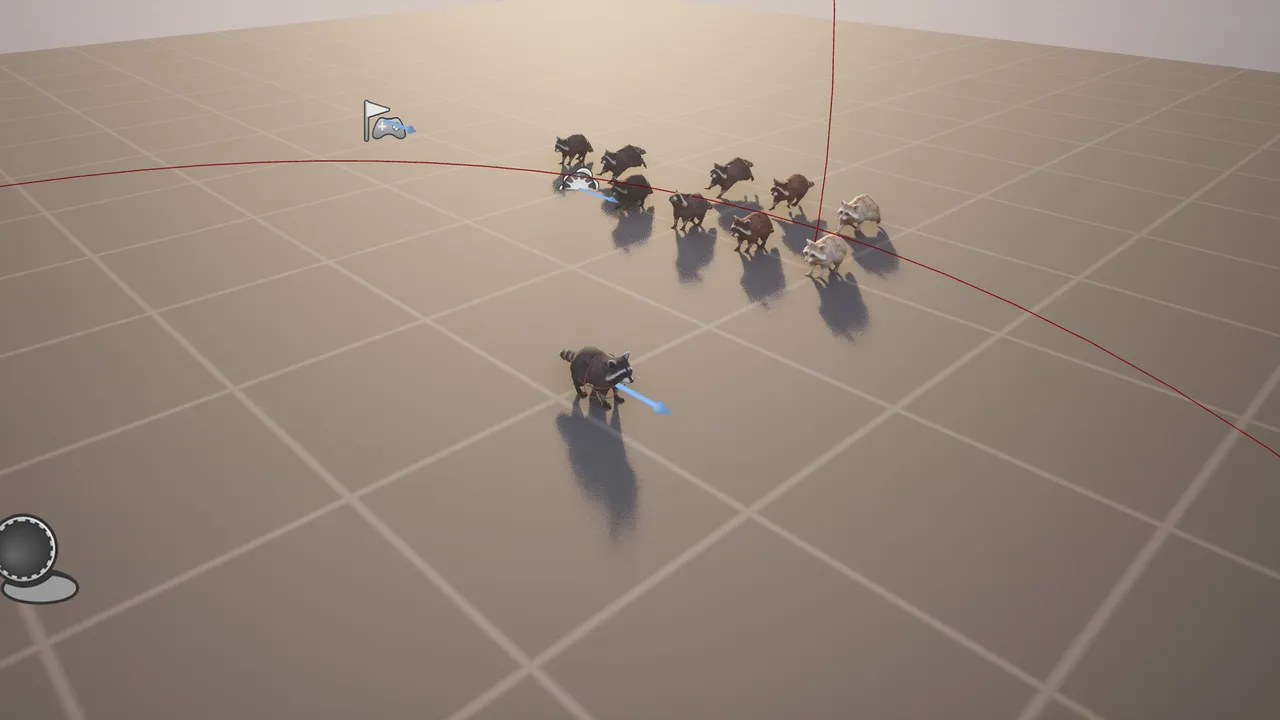 High-angle Unreal Engine view of raccoons scattering away from a player character firing a blue trace — the flee behaviour in the demo map