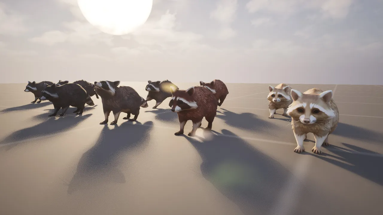 About ten raccoons in all five fur colours advancing toward the camera across a sunlit grey plane, casting long shadows