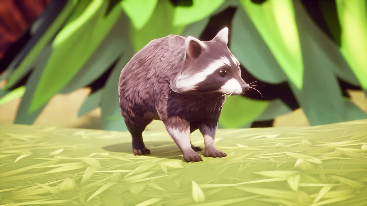 Natural grey raccoon walking toward the camera on low-poly grass beneath oversized stylized green leaves