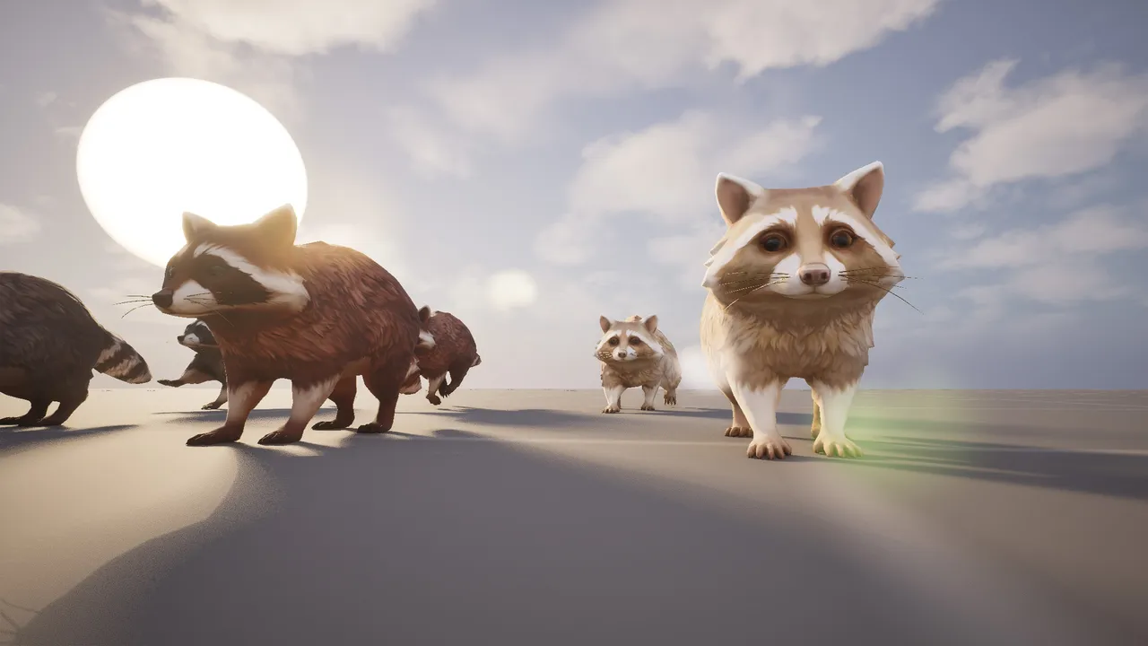 Low camera angle on a grey plane as a mob of raccoons runs toward the viewer, a blond raccoon leading, backlit by a low sun