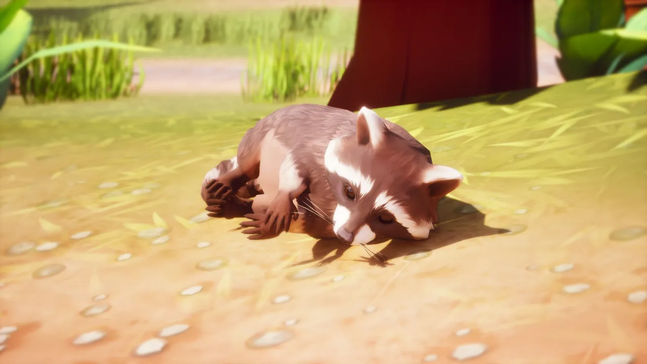 Raccoon in the death animation — collapsed on its side on a dirt path with paws curled, beside a stylized tree trunk
