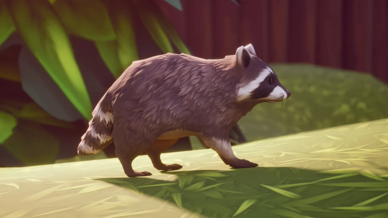 Natural raccoon walking in side profile along a grassy bank, ringed tail low, with large stylized foliage behind