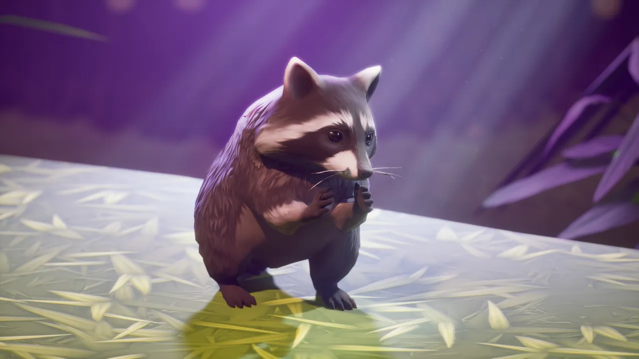 Raccoon sitting up on its hind legs holding food in both front paws — the eat animation, lit by purple twilight light rays