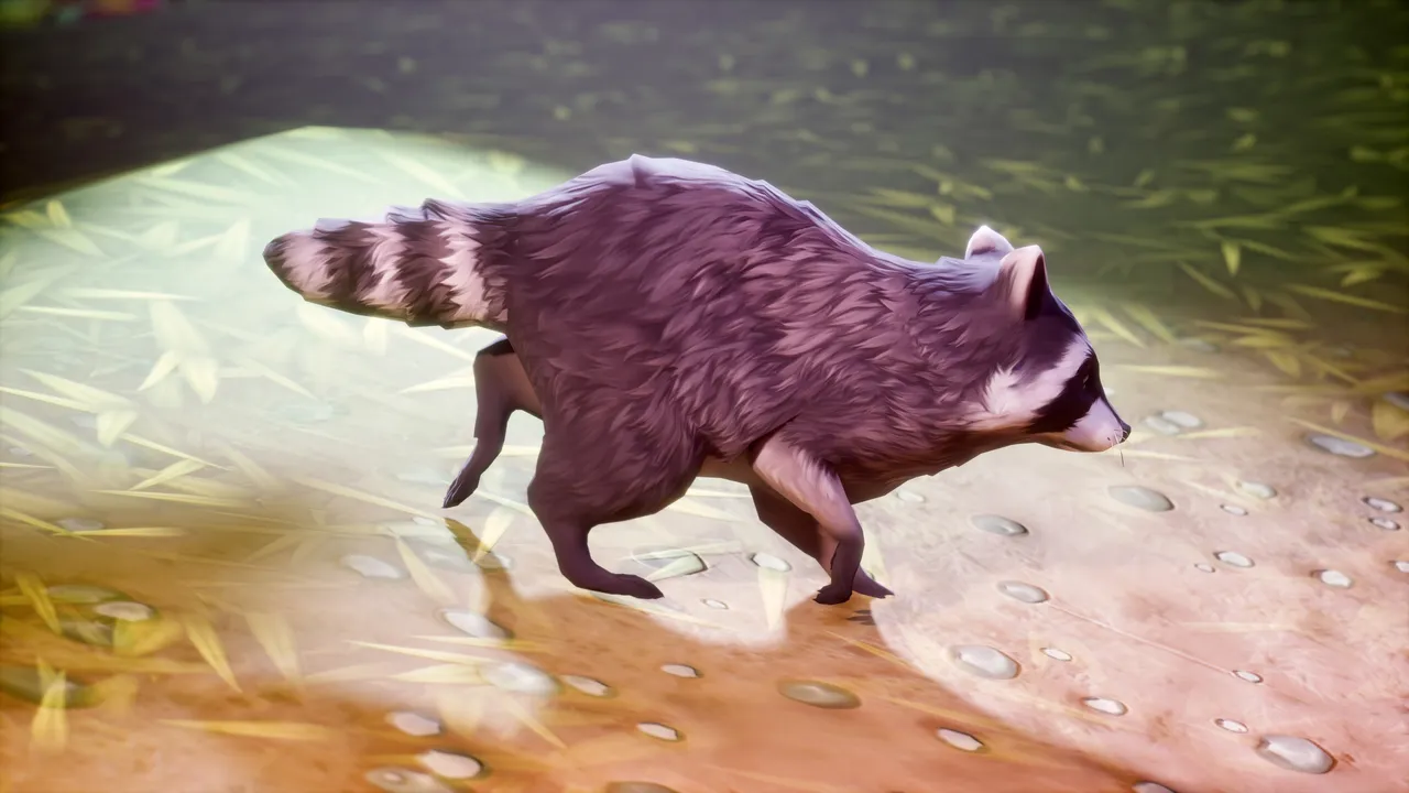 Raccoon sprinting in side profile across damp sand, ringed tail streaming out behind it, rim-lit against dark grass