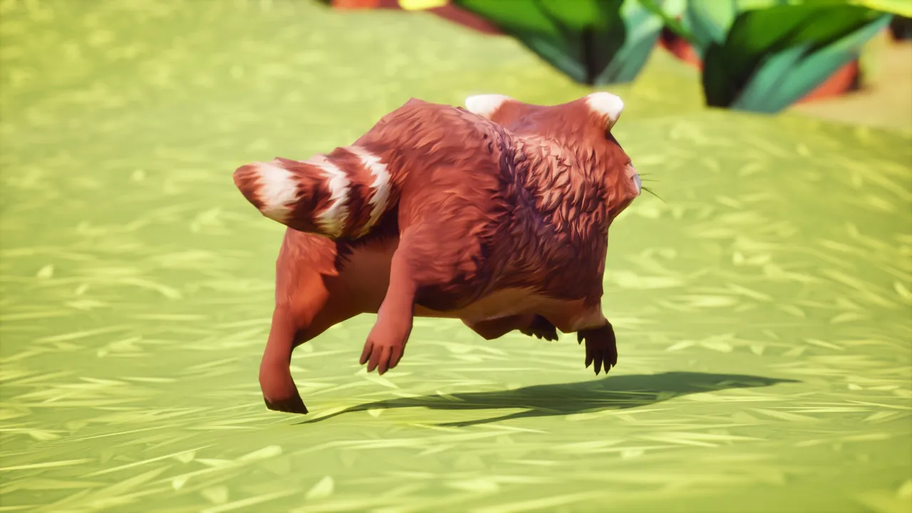 Rusted red raccoon seen from behind, bounding away across stylized green grass with its ringed tail raised
