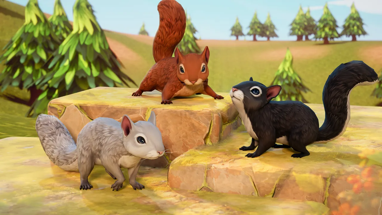 Three squirrel colour variants — red, white, and black — gathered on rocks in a stylized forest clearing