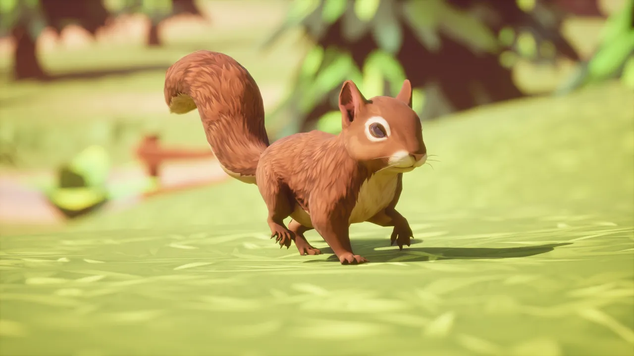 Red-brown squirrel mid-stride on low-poly grass, tail curled high, facing the camera in a sunlit stylized forest