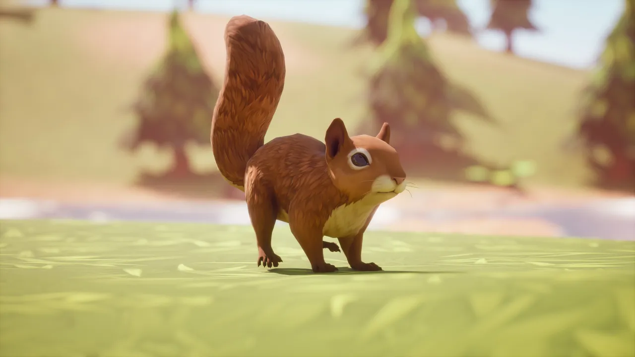 Red squirrel standing in profile with bushy tail raised, on a stylized lakeside meadow with low-poly trees behind