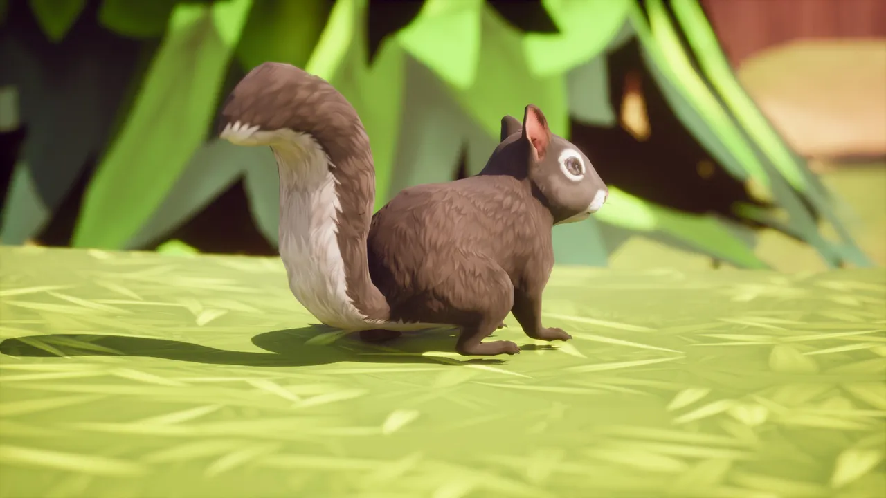 Dark brown squirrel with white-tipped tail seen from behind, crouched on low-poly grass before green foliage