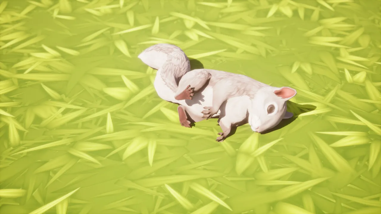 White squirrel in the death animation — flat on its back with paws up on bright stylized grass, seen from above