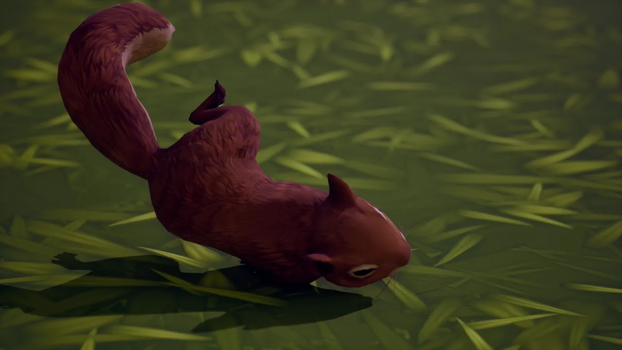 Red squirrel foraging nose-down in dark stylized grass, curled tail raised behind it — low three-quarter in-game view