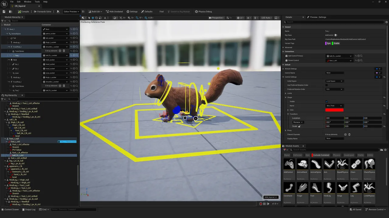 Red-brown squirrel with yellow Control Rig overlays — ground hexagon and body circles — in Unreal Editor, pose thumbnails below