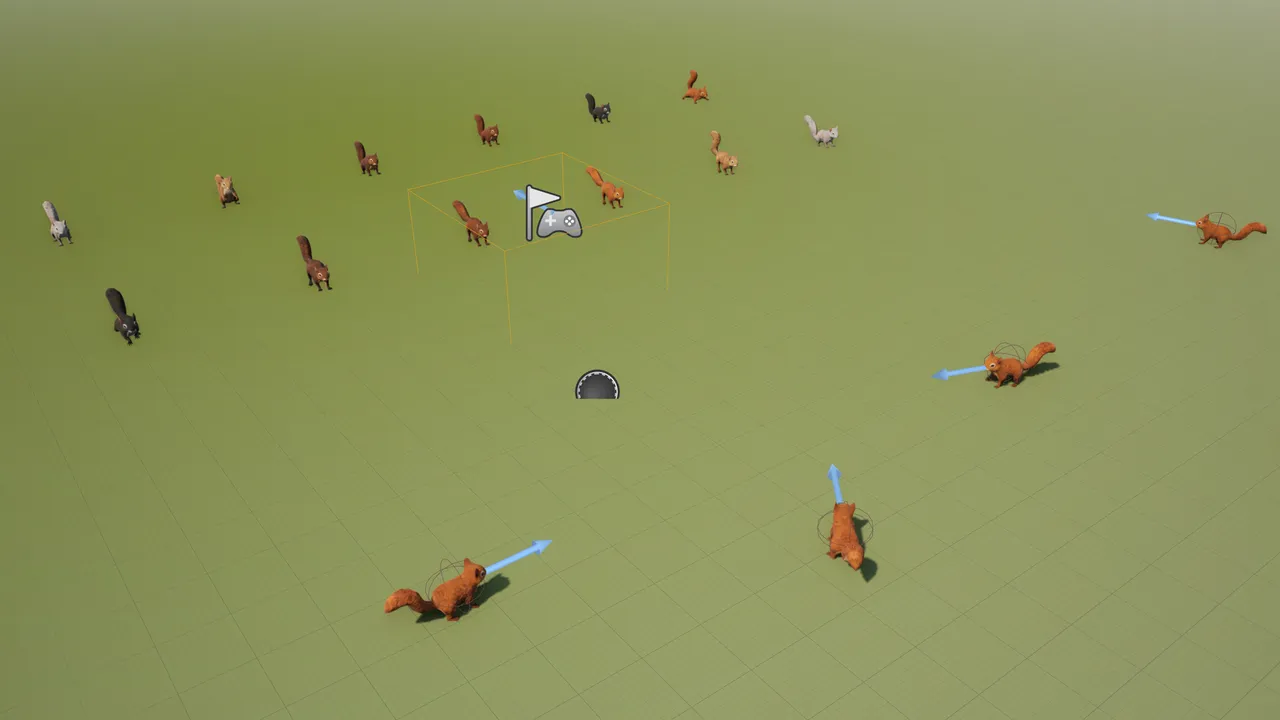 Top-down UE view of ~18 squirrels — red, brown, black, and white variants — with flag and gamepad Blueprint icons and blue direction arrows