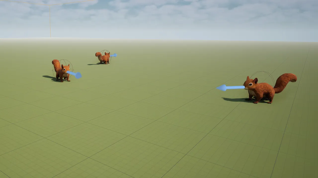 Three red squirrels spread across a flat green grid ground, each with a blue AI direction-arrow debug overlay