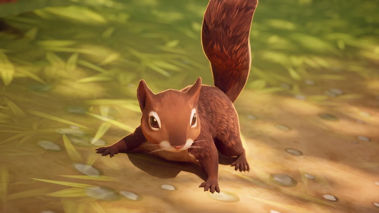 Close-up of a brown squirrel crouched low on a sunlit path, tail raised and facing the camera in a stylized grassy scene