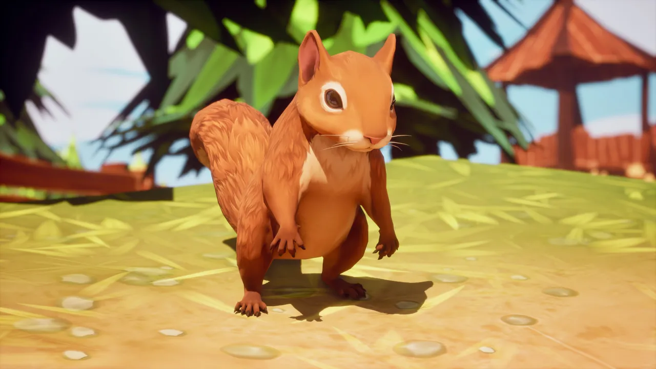Gold squirrel standing upright on its hind legs on stylized park grass, with a wooden gazebo and palm foliage behind