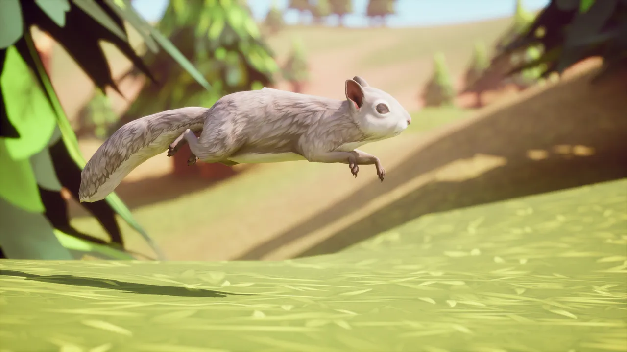 White squirrel mid-leap in side profile, tail streaming behind, over a stylized low-poly grassy hillside with trees