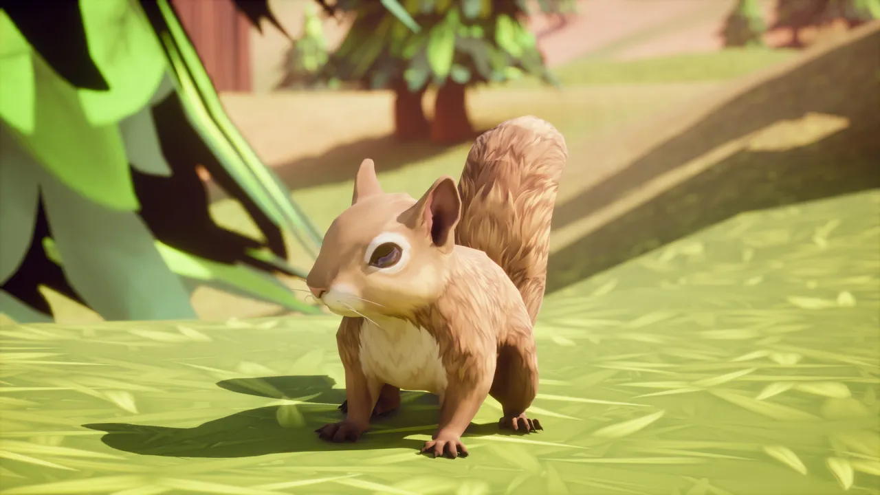 Golden-brown squirrel sitting upright with bushy tail raised, facing camera on stylized grass in a sunlit park scene