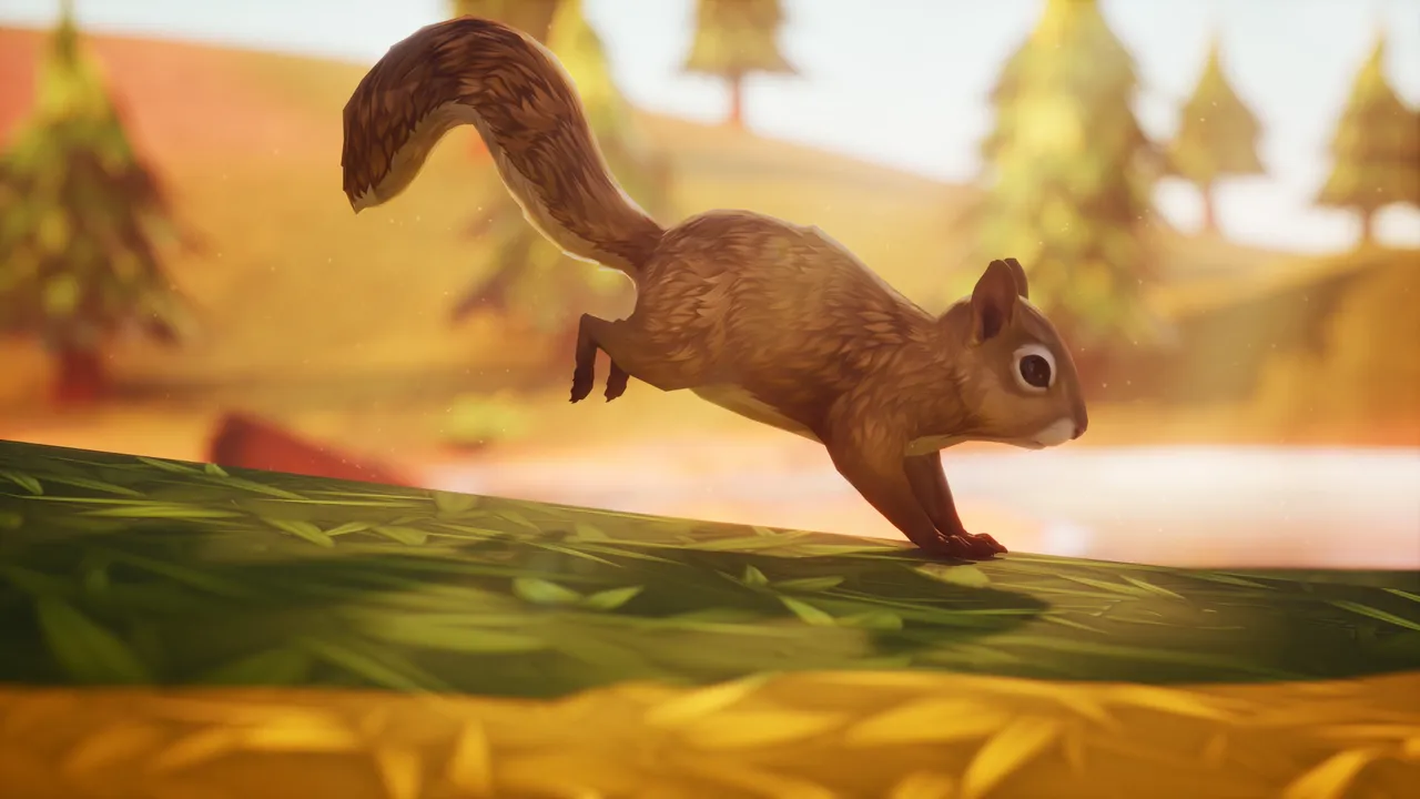 Red-brown squirrel bounding along a mossy log in side profile, tail arched — stylized forest with pines and a sunlit pond behind