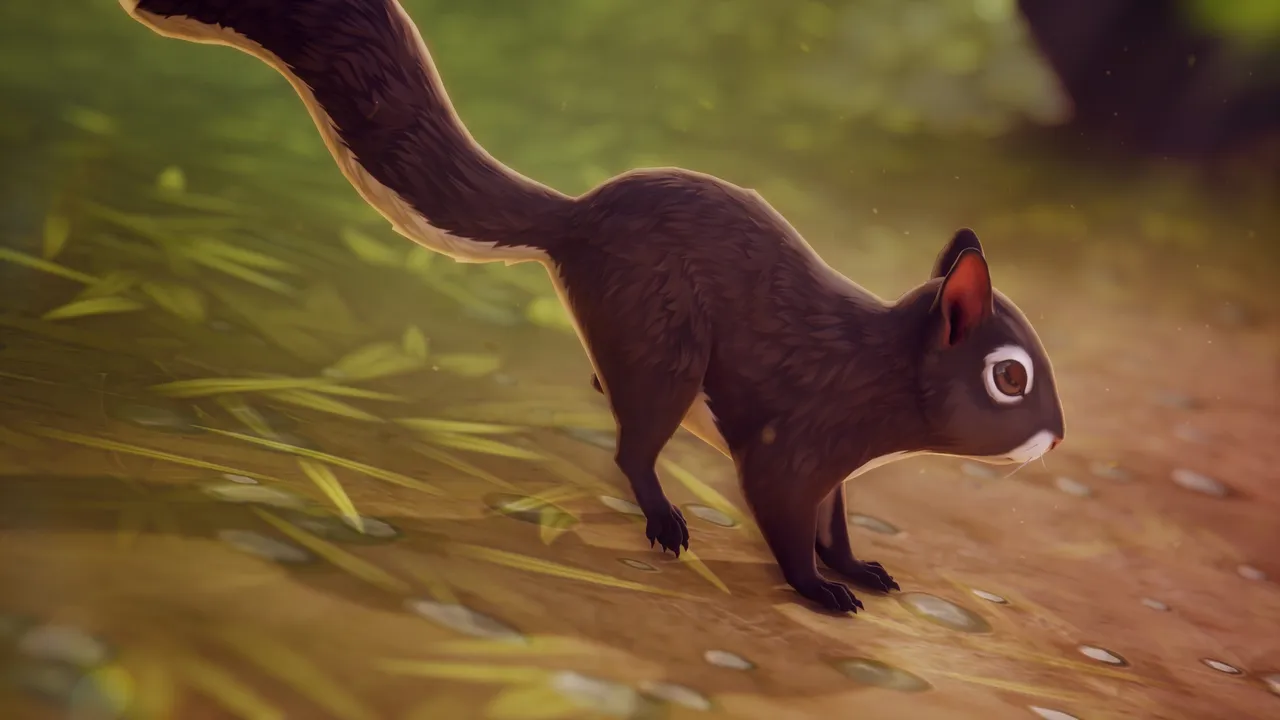 Black squirrel with white muzzle crouched on a pebbled dirt path, close-up three-quarter view in a grassy stylized scene