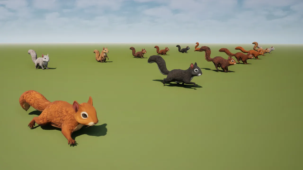 Squirrel mob in all six fur colours — white, gold, red, brown, dark brown, black — running toward camera across a flat green field